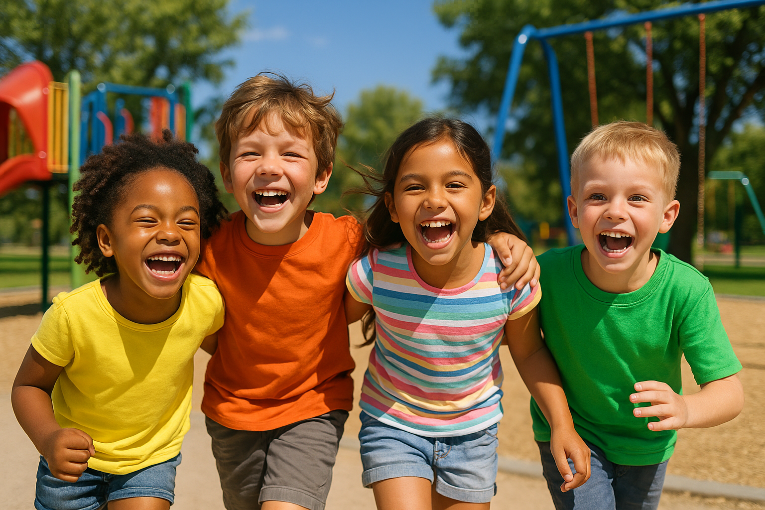 Crie uma imagem de crinaças brincando e felizes 